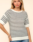 Haptics Openwork Striped Round Neck Half Sleeve Knit Top