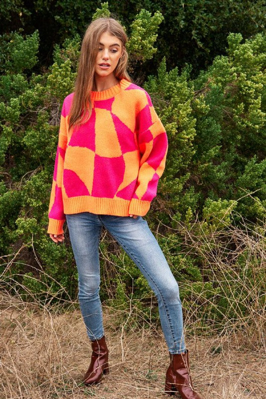 Davi &amp; Dani Multi Geo Checker Pullover Knit Sweater Top