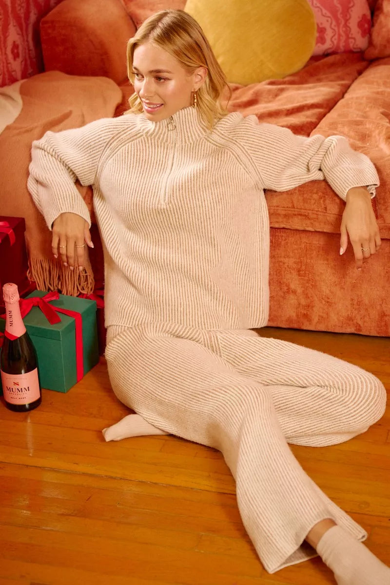 BiBi Two Tone Rib Texured Knit Collared Top with Zip Up