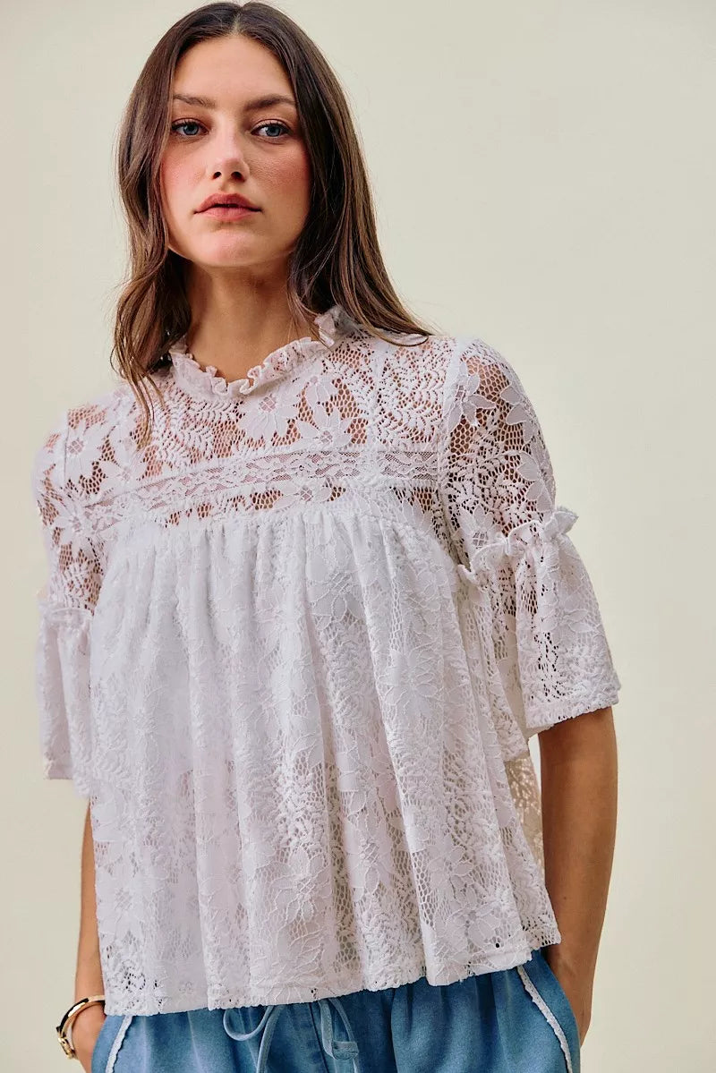 SO ME Lace Ruffled Short Sleeves Swing Top
