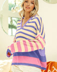 BiBi Striped Color Block  Hooded Knit Top