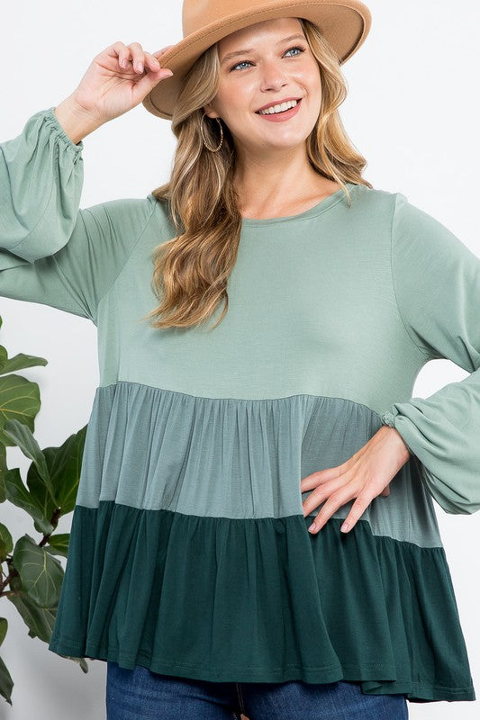 e Luna Color Block Ruffle Tiered Swing Top