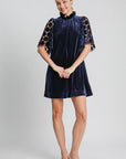 Umgee Dotted Lace Half Sleeve Mock Neck Back Tie Velvet Dress