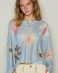 POL Flower Dropped Shoulder Long Sleeve Knit Top