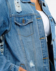 American Bazi Full Size Button Up Distressed Denim Jacket