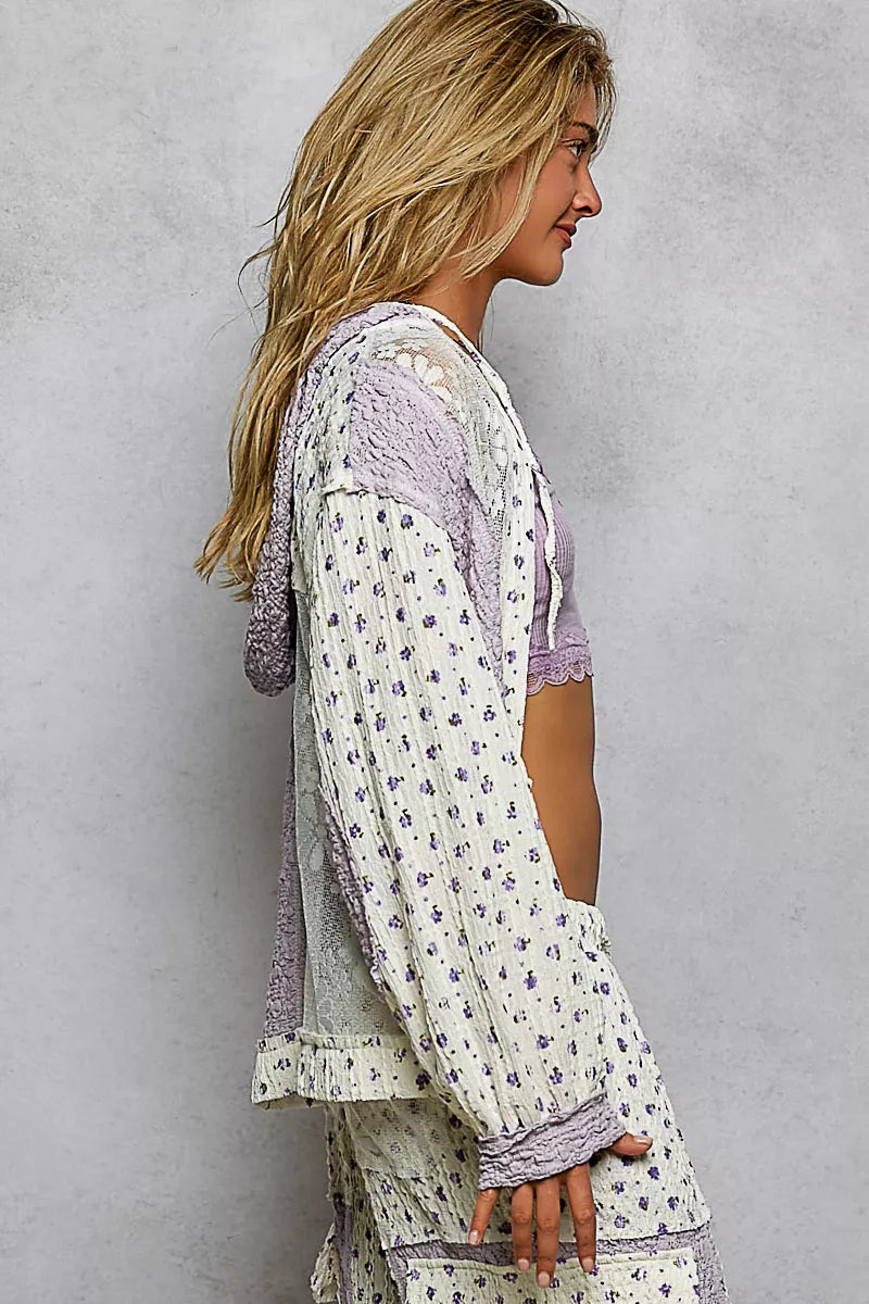 POL Floral Balloon Sleeve Hooded Lace Jacket with Stitch Detail