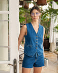 Annie Wear Button Down V-Neck Denim Vest