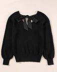 Bow Back Lantern Sleeve V-Neck Sweater