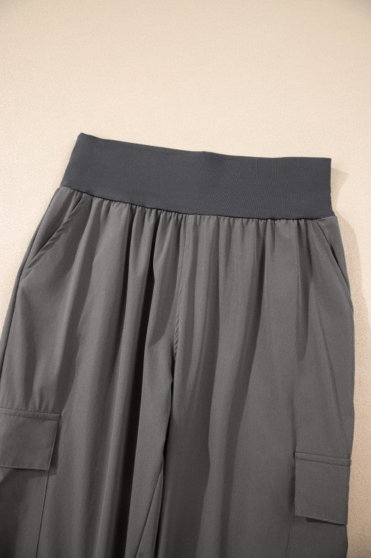 Solid Elastic High Waist Pocketed Cargo Jogger Pan