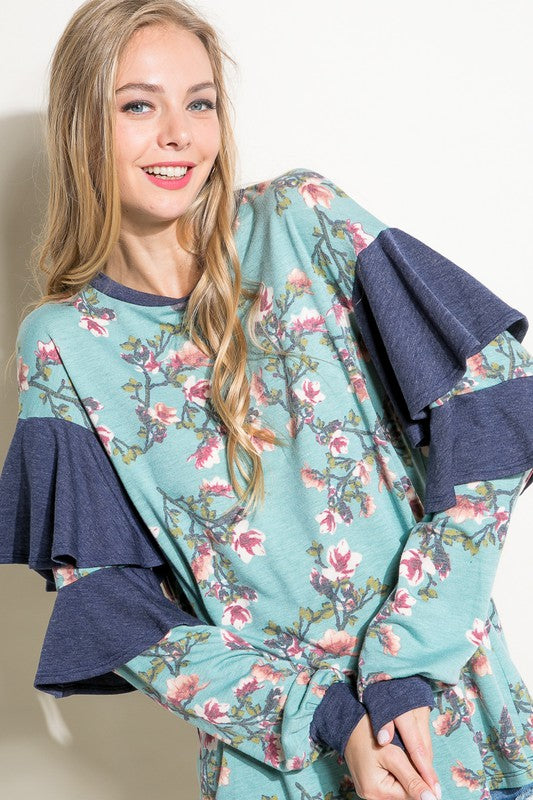 e Luna Floral Mixed Long Sleeve Ruffle Top