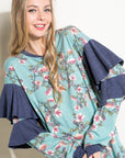 e Luna Floral Mixed Long Sleeve Ruffle Top