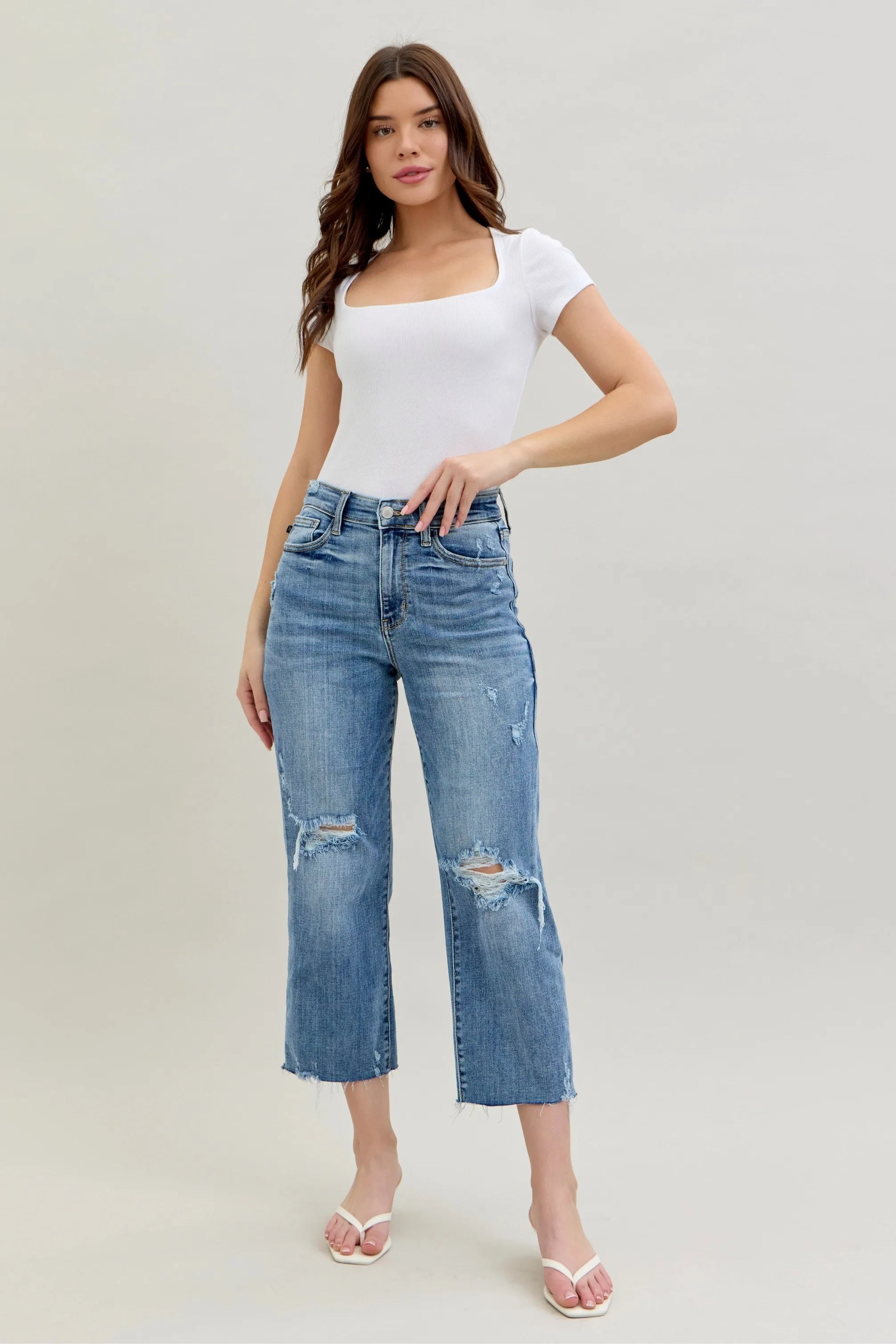 Judy Blue Full Size High Waist Destroy Crop Wide Leg Jeans Plus Size