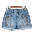 Western Embroidered Studded Denim Shorts