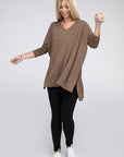 Zenana Dolman Long Sleeve V-Neck Side Slit Hi-Low Hem Top