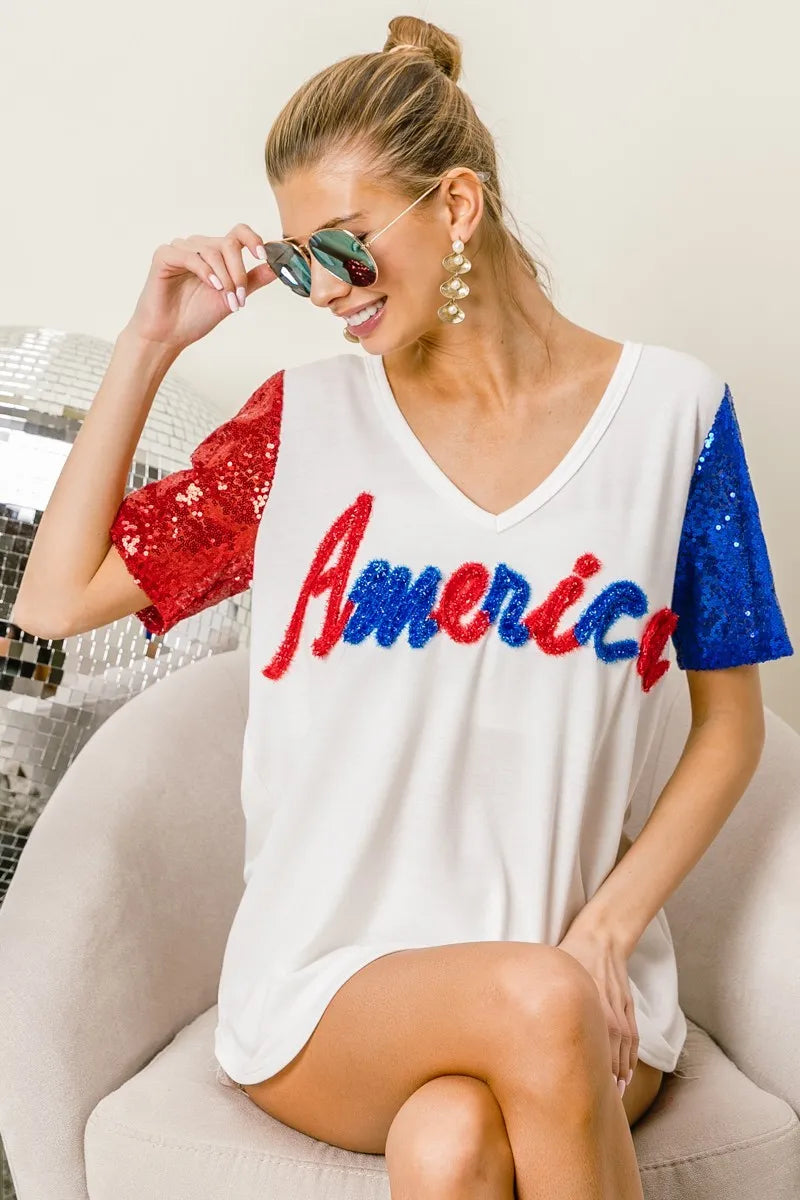 BiBi Metallic Letter V-neck Sequin Sleeves Top in Cream
