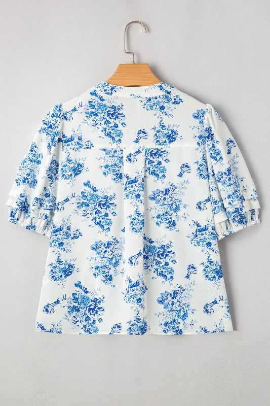 Floral Tiered Puff Sleeve Pleated Bust Shirt