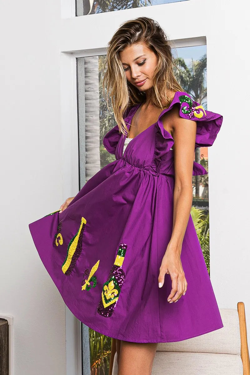 BiBi Mardi Gras Sequin Embroidery Ruffled Dress