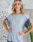 e Luna Striped Woven Floral Ruffle Top