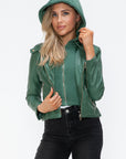 Snobbish Faux Leather Zip Up Drawstring Hooded Jacket