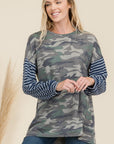 Celeste Full Size Camo Print High-Low T-Shirt with Stripe Sleeves