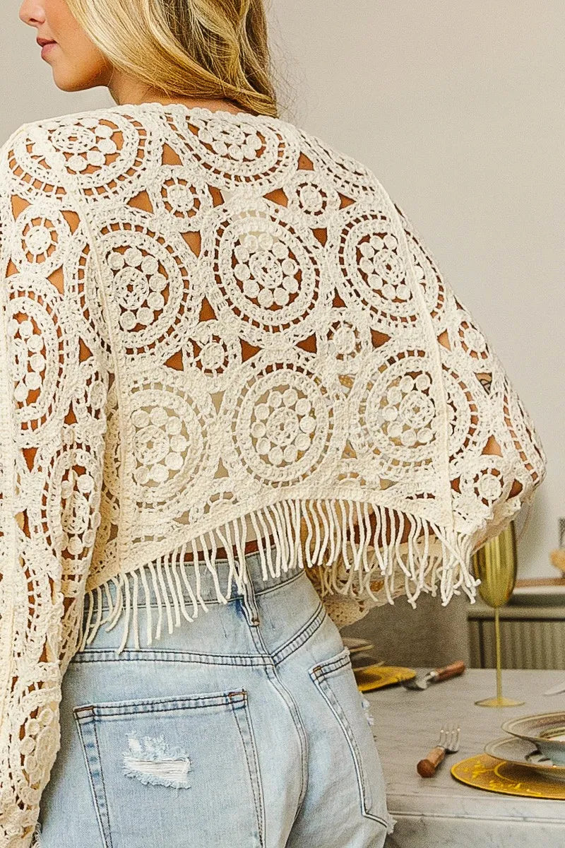 BiBi Dolman Sleeve Fringed Crochet Lace Cover Up