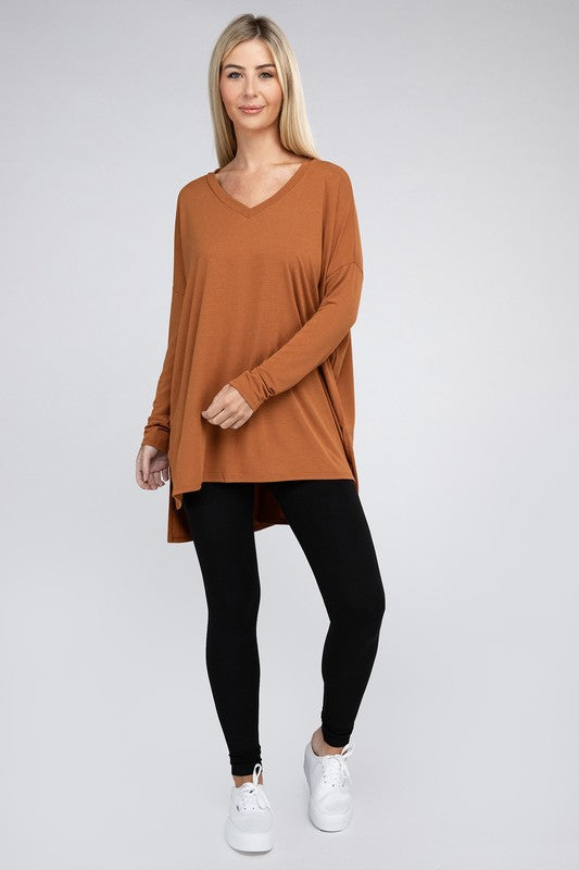 Zenana Dolman Long Sleeve V-Neck Side Slit Hi-Low Hem Top