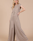 Ces Femme Checkered Half Button Cap Sleeve Jumpsuit