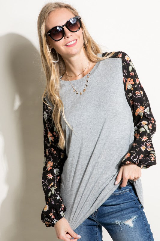 e Luna PLUS Solid and Floral Mix Casual Top