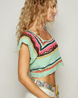 POL Openwork Ethnic Pattern Square Neck Cropped Knit Top