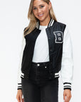 Love Me Now PU Leather Contrast Snap Down Bomber Jacket