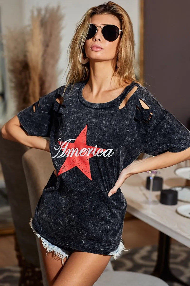 BiBi Laser Cut Mineral Washed Jersey Top with  America in Black