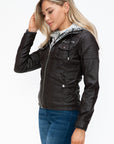 YMI Removable Faux Layered Multi-Pocket Jacket with Fuzzy Hood