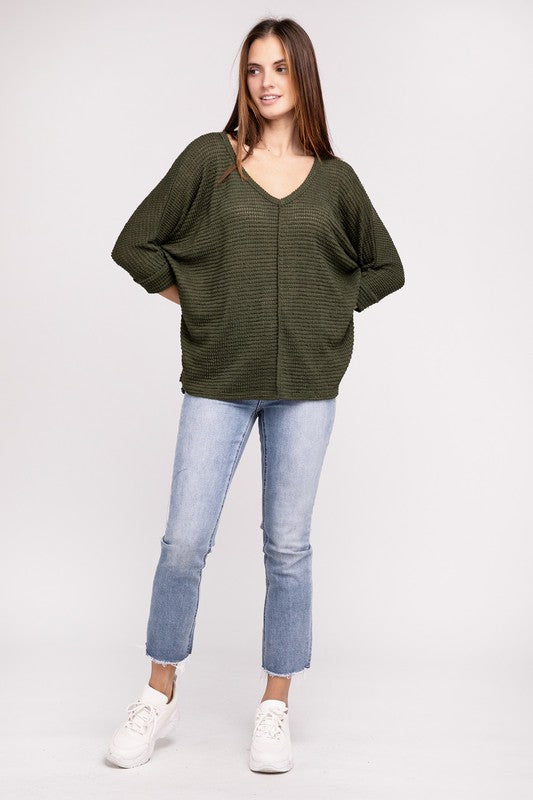 Zenana 3/4 Sleeve V-Neck Hi-Low Hem Jacquard Sweater