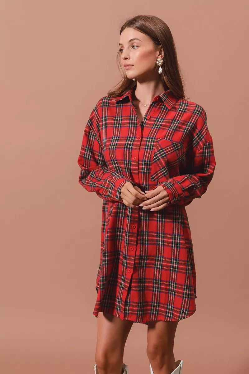 SO ME Christmas Checker Plaid Button Up Shirt Dress