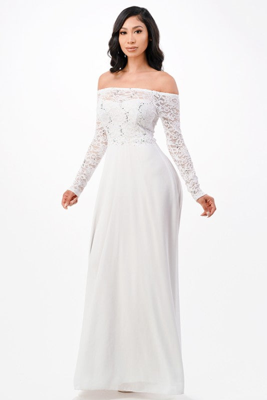 La Scala Plus Size Long Sleeve Lace and Chiffon Gown
