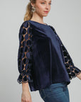 Umgee Polka Dot Lace Long Sleeve Round Neck Blouse