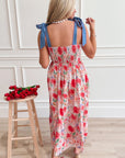Floral Denim Tie Strap High Waist Maxi Dress