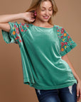 Umgee Velvet Embroidery Short Sleeve Blouse