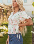 Floral Tied V-Neck Puff Sleeve Peplum Blouse