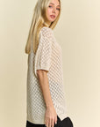 Davi & Dani Side Slit Openwork Round Neck Half Sleeve Knit Cover Up