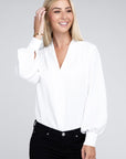 Zenana Woven Airflow V-Neck Long Sleeve Top