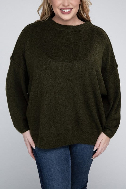 Zenana Plus Oversized Round Neck Raw Seam Melange Sweater