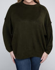 Zenana Plus Oversized Round Neck Raw Seam Melange Sweater