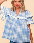 Haptics Full Size Plaid Scallop Hem Notched Short Sleeve Blouse