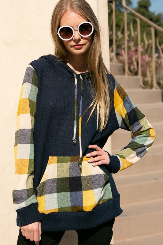 e Luna Plaid Mixed Hoodie Sweatshirt