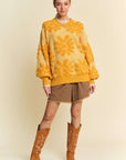 Davi & Dani Flower Texture Round Neck Dropped Shoulder Sweater