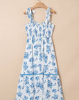 Floral Shirred Bodice Knot Shoulder Maxi Dress