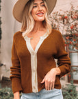 Contrast Trim Buttoned V-Neck Cropped Cardigan