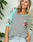 e Luna Striped Floral Print Pocket Top