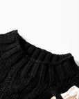 Colorblock Satin Bow Cable Knit Short Sleeve Sweater